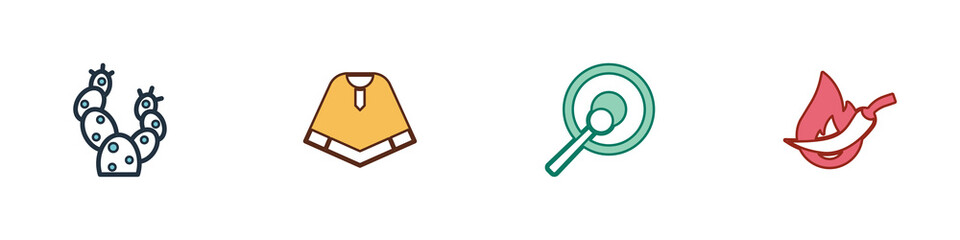 Set Cactus, Poncho, Gong and Hot chili pepper pod icon. Vector