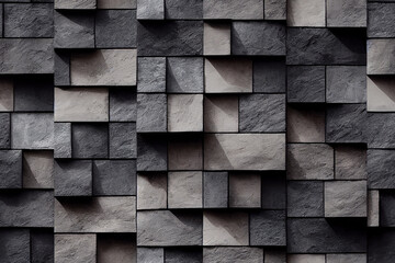 Dark grey black slate background. Stacked stone wall background horizontal. Panorama of black...