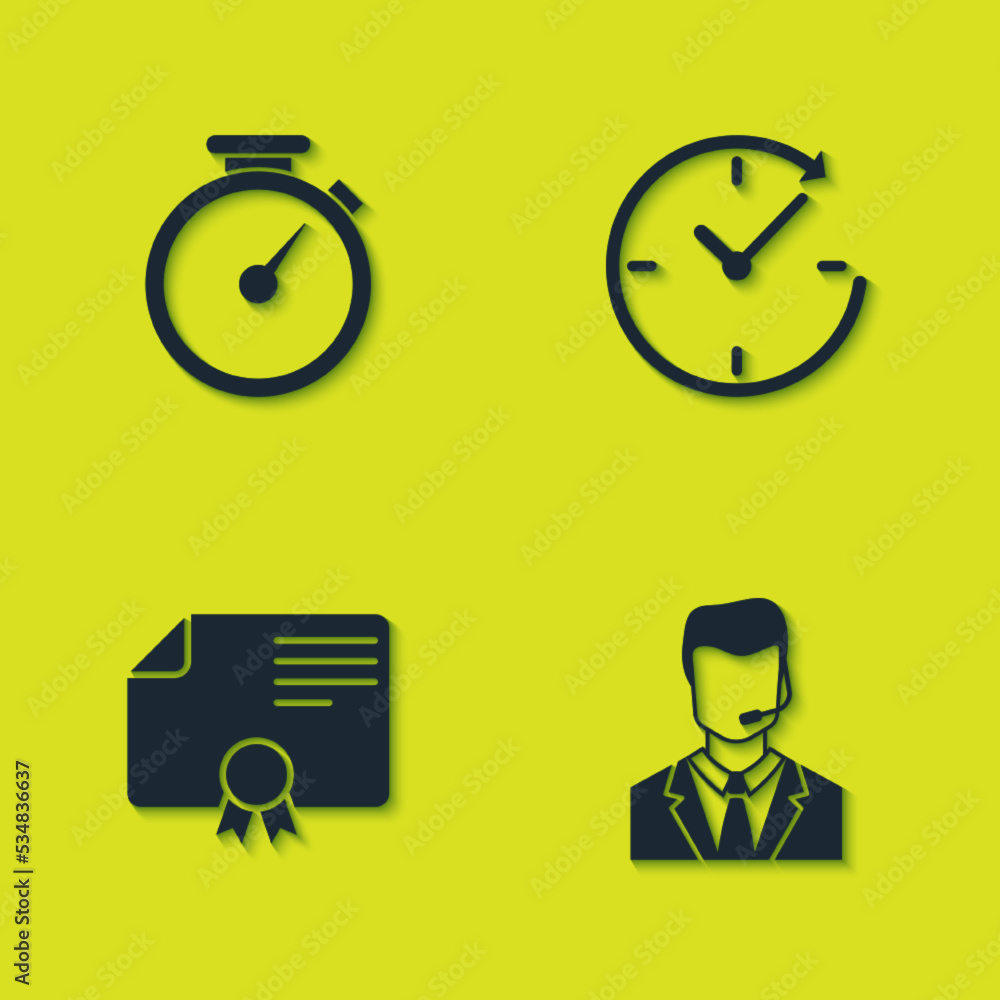 Poster set stopwatch, man with headset, certificate template and clock arrow icon. vector