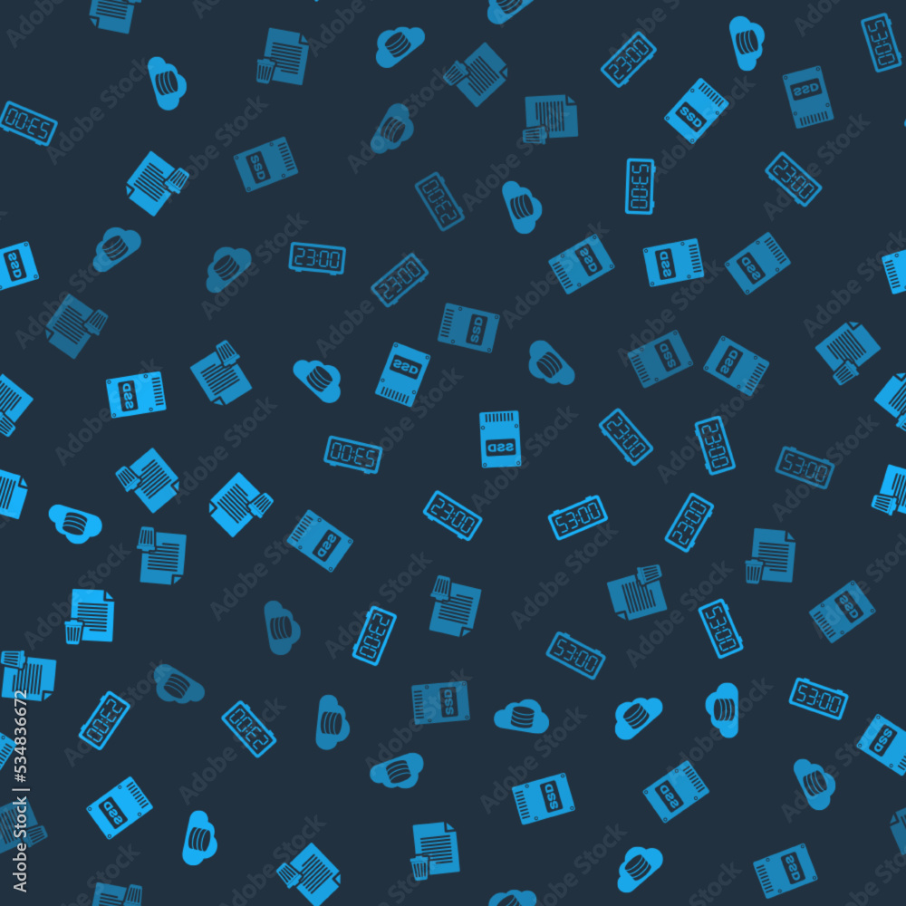 Poster set cloud database, digital alarm clock, ssd card and delete file document on seamless pattern. vect