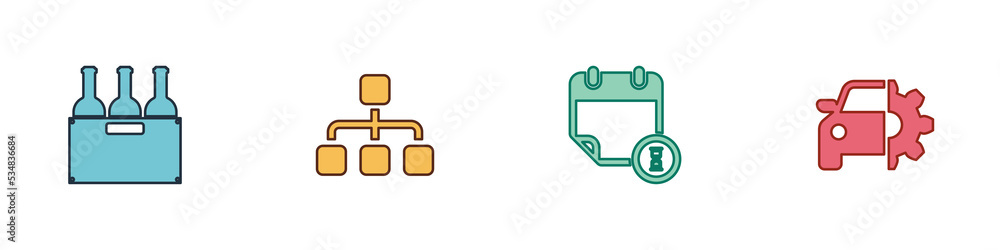 Poster set bottles of wine in box, hierarchy organogram chart, calendar and clock and car service icon. vec
