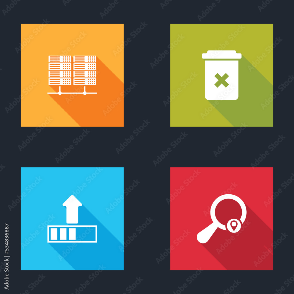Poster set server, data, web hosting, trash can, loading and search location icon. vector