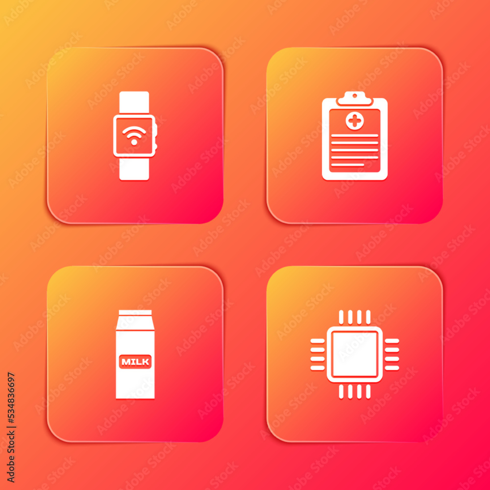 Poster set smartwatch with wireless, clinical record, paper package for milk and processor cpu icon. vector