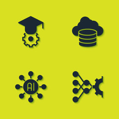 Set Graduation cap, Neural network, and Cloud database icon. Vector