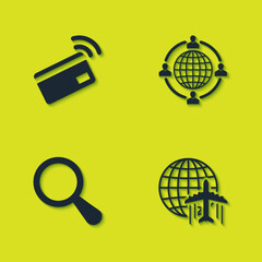 Set Contactless payment, Globe with flying plane, Magnifying glass and Outsourcing concept icon. Vector