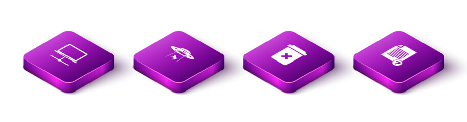 Set Isometric Computer network, UFO abducts cow, Trash can and Unknown document icon. Vector