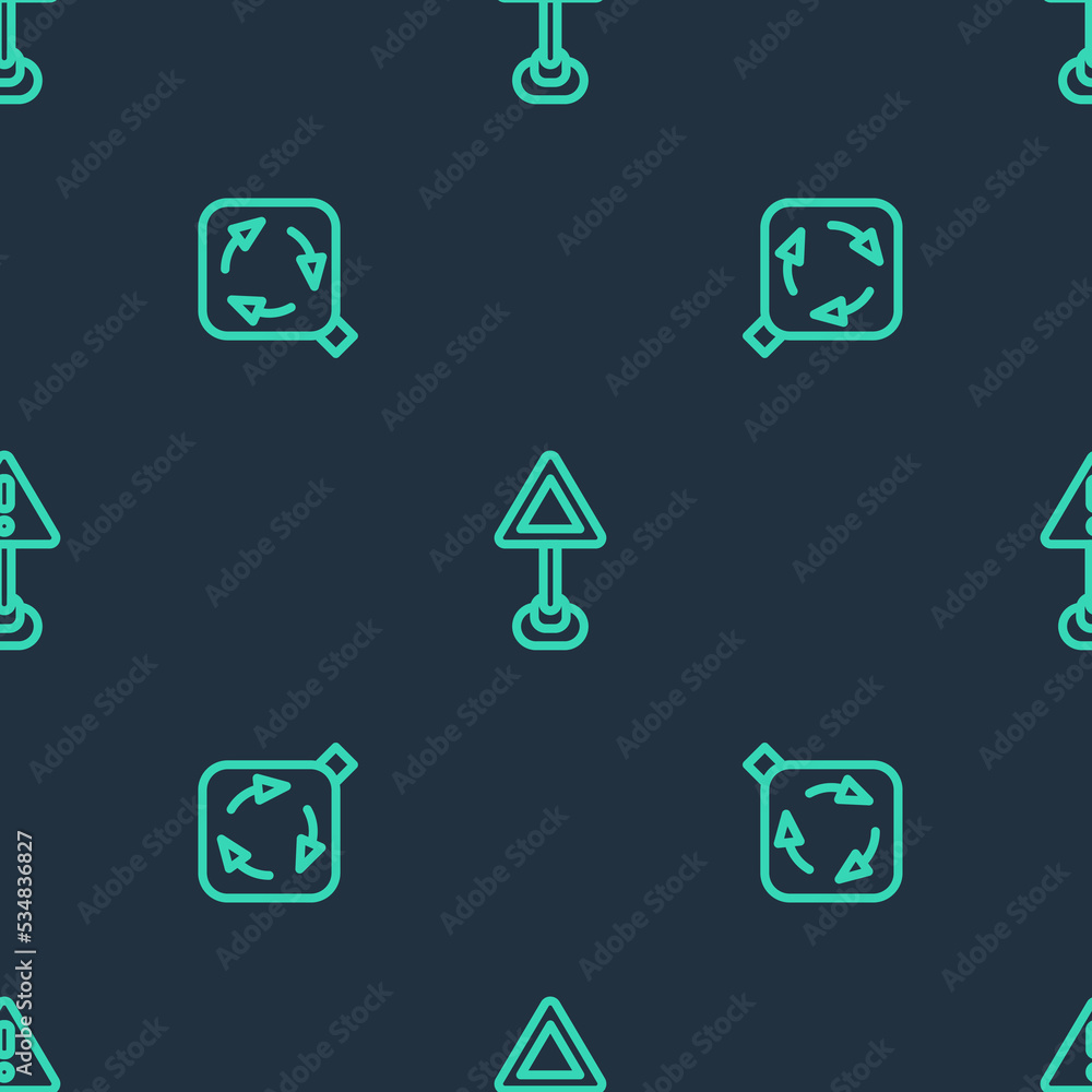 Aufkleber set line triangle warning blank, roundabout traffic sign and exclamation mark triangle on seamless p