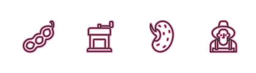 Set line Green peas, Seed, Manual coffee grinder and Farmer the hat icon. Vector