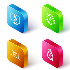 Set Isometric line Electric plug, Lightning bolt, Hydroelectric dam and Water energy icon. Vector