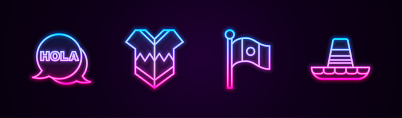 Set line Hola, Poncho, Mexico flag and Mexican sombrero. Glowing neon icon. Vector © vector_v