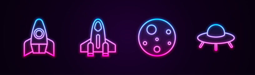Set line Rocket ship, , Planet Mars and UFO flying spaceship. Glowing neon icon. Vector