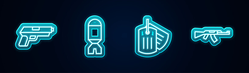 Set line Pistol or gun, Rocket launcher, Military dog tag and Submachine. Glowing neon icon. Vector