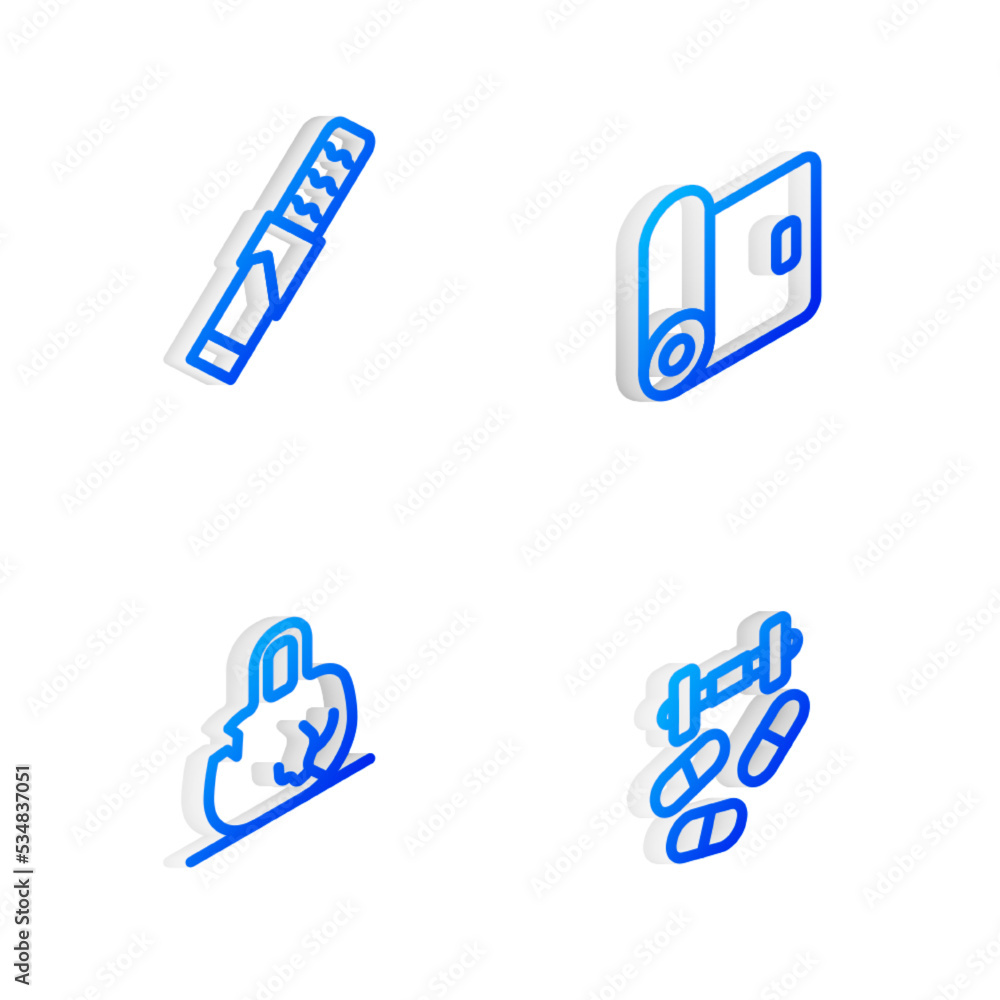 Sticker Set Isometric line Fitness mat roll, Protein sport bar, Broken weight and Sports doping with dumbbell icon. Vector