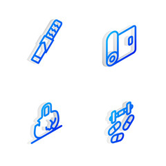 Set Isometric line Fitness mat roll, Protein sport bar, Broken weight and Sports doping with dumbbell icon. Vector