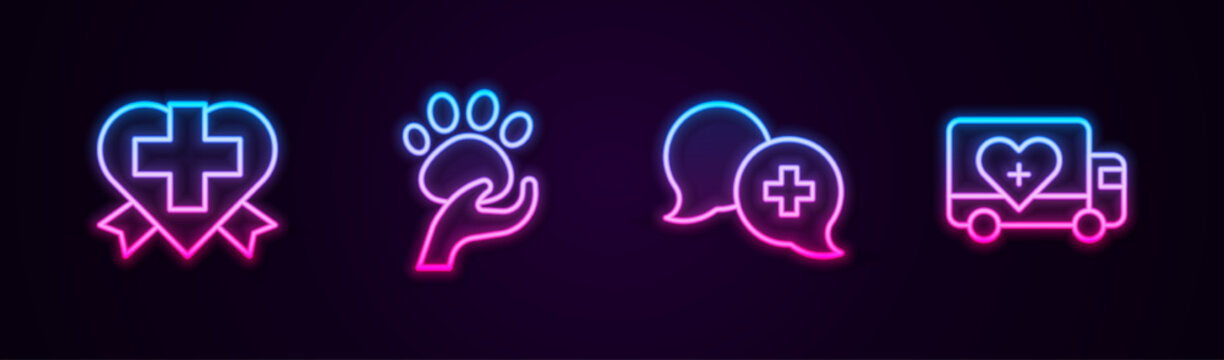 Set line Heart with cross, Animal volunteer, Dialogue doctor and Humanitarian truck. Glowing neon icon. Vector