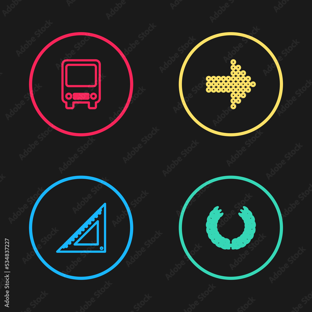 Poster set line triangular ruler, laurel wreath, dots arrow and bus icon. vector