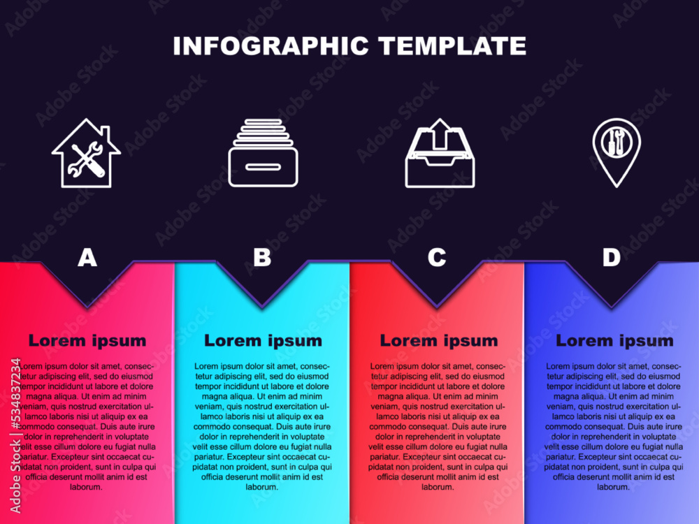 Aufkleber set line house service, drawer with documents, upload inbox and location. business infographic templ