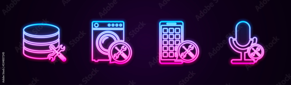 Poster set line database server service, washer, mobile apps and microphone. glowing neon icon. vector