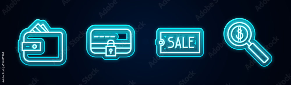 Sticker Set line Wallet with paper money cash, Credit card lock, Price tag text Sale and Magnifying glass and dollar. Glowing neon icon. Vector