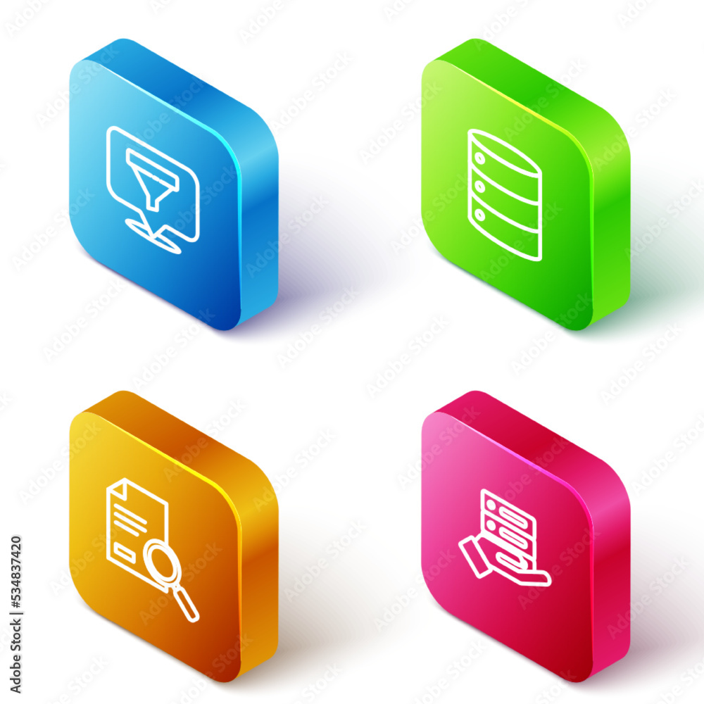 Poster set isometric line location with sales funnel, server, data, web hosting, document search and icon. 