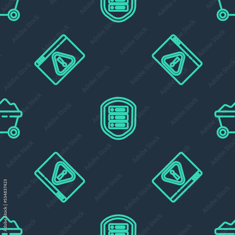Poster set line server with shield, browser exclamation mark and coal mine trolley on seamless pattern. vec