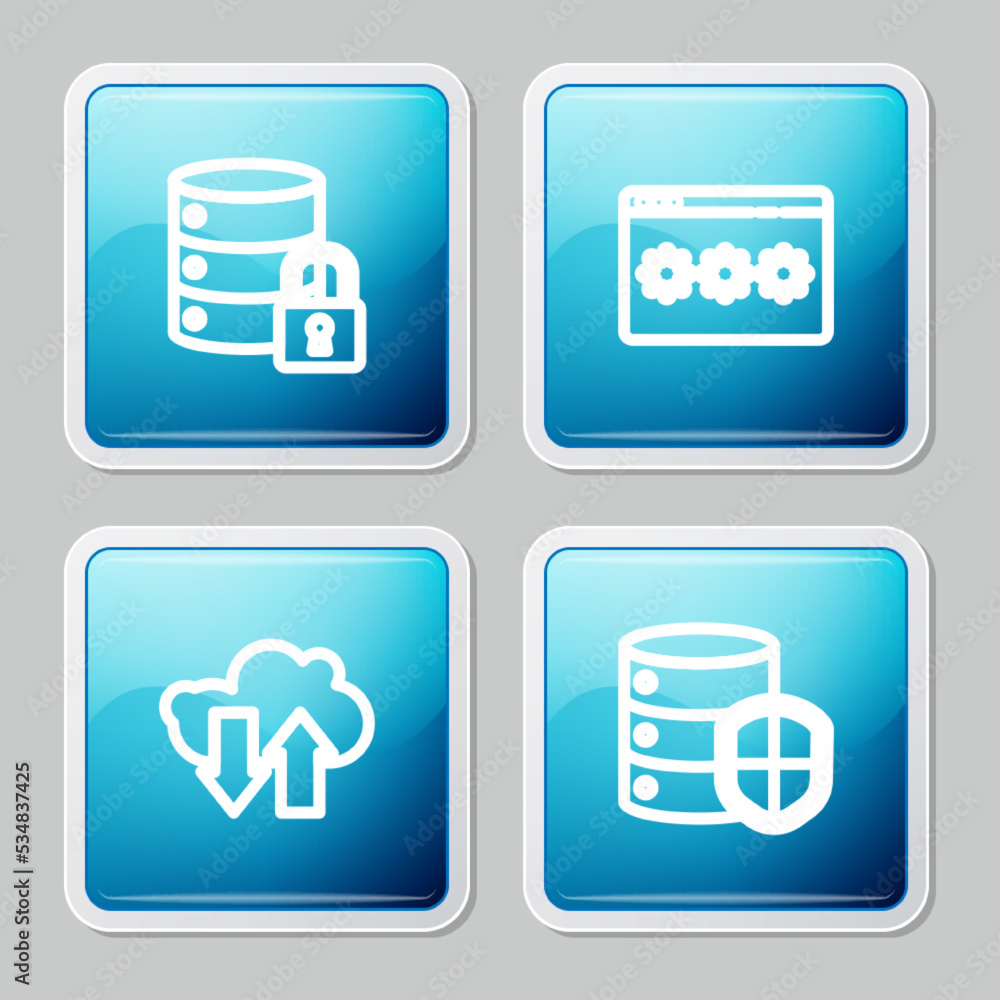 Poster set line server security with lock, password protection, cloud download and upload and shield icon. 