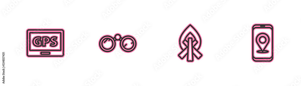 Poster set line gps device with map, campfire, binoculars and city navigation icon. vector
