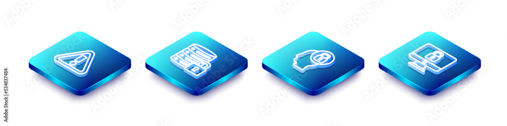 Poster set isometric line exclamation mark in triangle, server security with lock, human head and lock comp