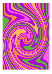 Hippie poster design. Trippy retro background for psychedelic 60s 70s parties with bright acid rainbow colors and groovy liquid wavy pattern in pop art style.