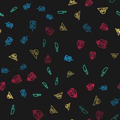 Set line Fishing net with fish, Knife, Fisherman hat and Camping lantern on seamless pattern. Vector