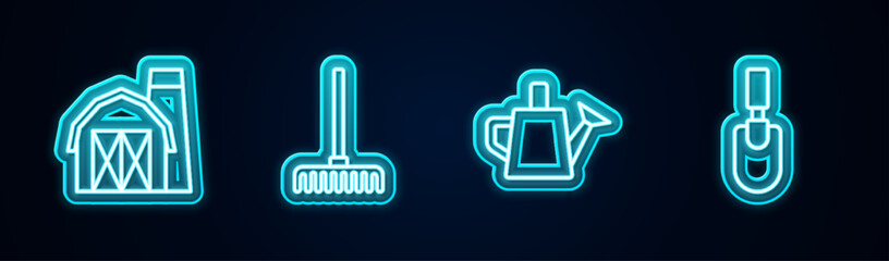 Set line Farm house, Garden rake, Watering can and trowel spade or shovel. Glowing neon icon. Vector