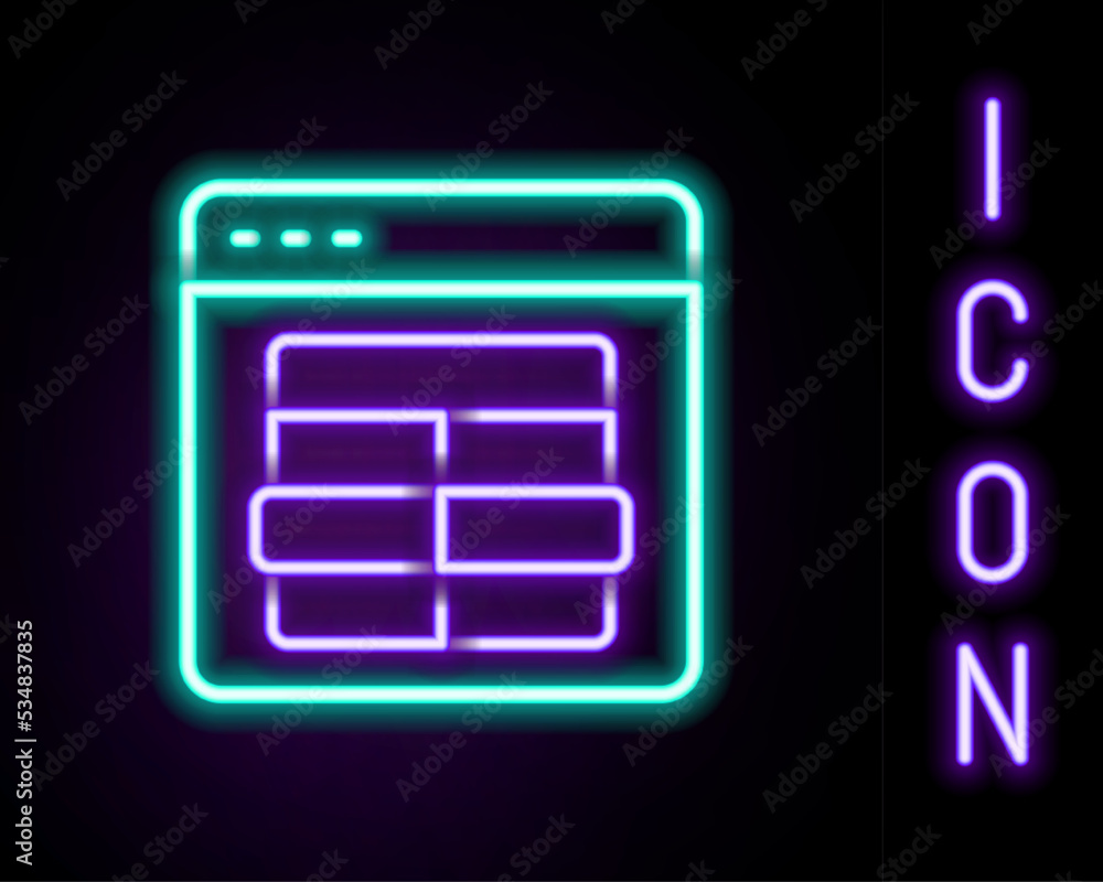 Poster glowing neon line mysql code icon isolated on black background. html code symbol for your web site d