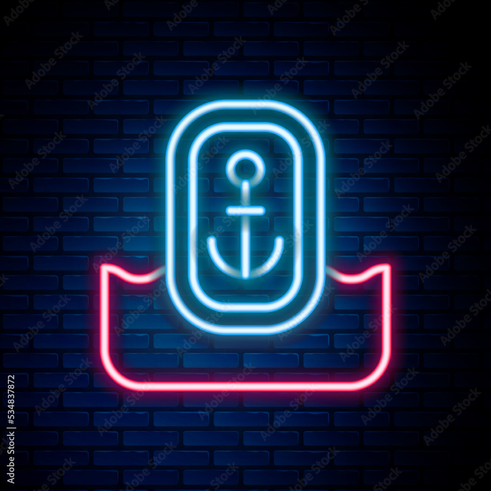 Poster glowing neon line map pointer with anchor icon isolated on brick wall background. colorful outline c