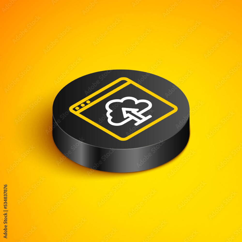 Poster isometric line cloud upload icon isolated on yellow background. black circle button. vector