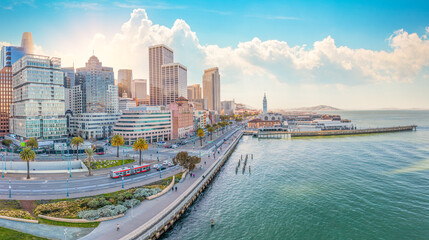 Fototapeta na wymiar Aerial: San Francisco cityscape in downtown and the shore. Drone view 