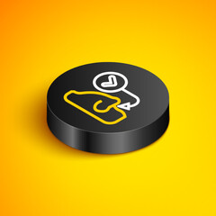 Isometric line Healthy breathing icon isolated on yellow background. Breathing nose. Black circle button. Vector