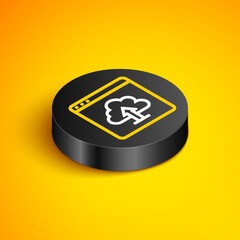 Isometric line Cloud upload icon isolated on yellow background. Black circle button. Vector