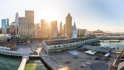 Aerial: San Francisco panoramic cityscape in downtown. Drone view 
