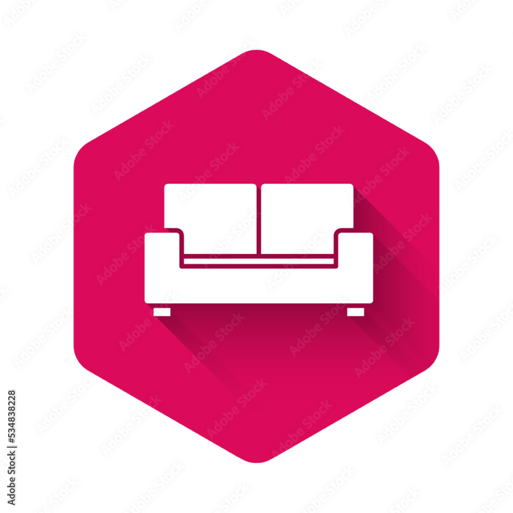 Poster white sofa icon isolated with long shadow. pink hexagon button. vector