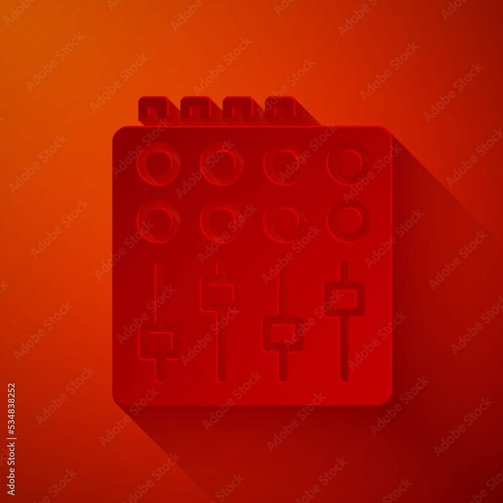 Poster paper cut sound mixer controller icon isolated on red background. dj equipment slider buttons. mixin