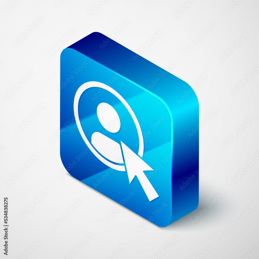 Poster isometric create account screen icon isolated on grey background. blue square button. vector
