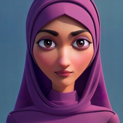 Stylish arab woman covering hairs. Cartoon big eyed close up portrait. Animated movie character design isolated. Animation 3d digital art style, realistic light render. 3D illustration.