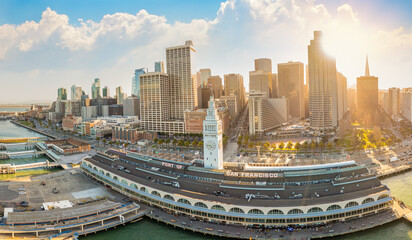 Aerial: San Francisco scenic cityscape in downtown. Drone view 
