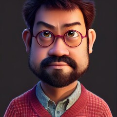 Japanese middle aged man with glasses and beard. Cartoon big eyed close up portrait. Animated movie character design isolated. Animation 3d digital art style, realistic light render. 3D illustration.
