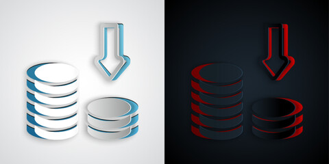 Paper cut Dollar rate decrease icon isolated on grey and black background. Cost reduction. Money symbol with down arrow. Business lost crisis decrease. Paper art style. Vector