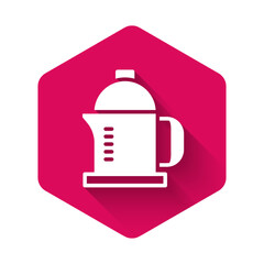White French press icon isolated with long shadow background. Pink hexagon button. Vector