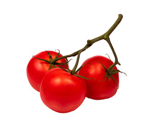 3 pomidory z zieloną gałązką, na przezroczystym tle, png