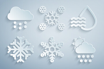Set Snowflake, Water drop percentage, Cloud with snow and sun, and icon. Vector