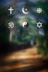Religious symbols. Christianity cross, Islam crescent, Buddhism dharma wheel, Hinduism aum, Judaism...