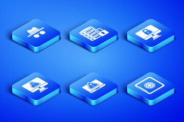 Set Safe, Incognito mode, Laptop with exclamation mark, Monitor, Server security lock and Lock computer monitor icon. Vector